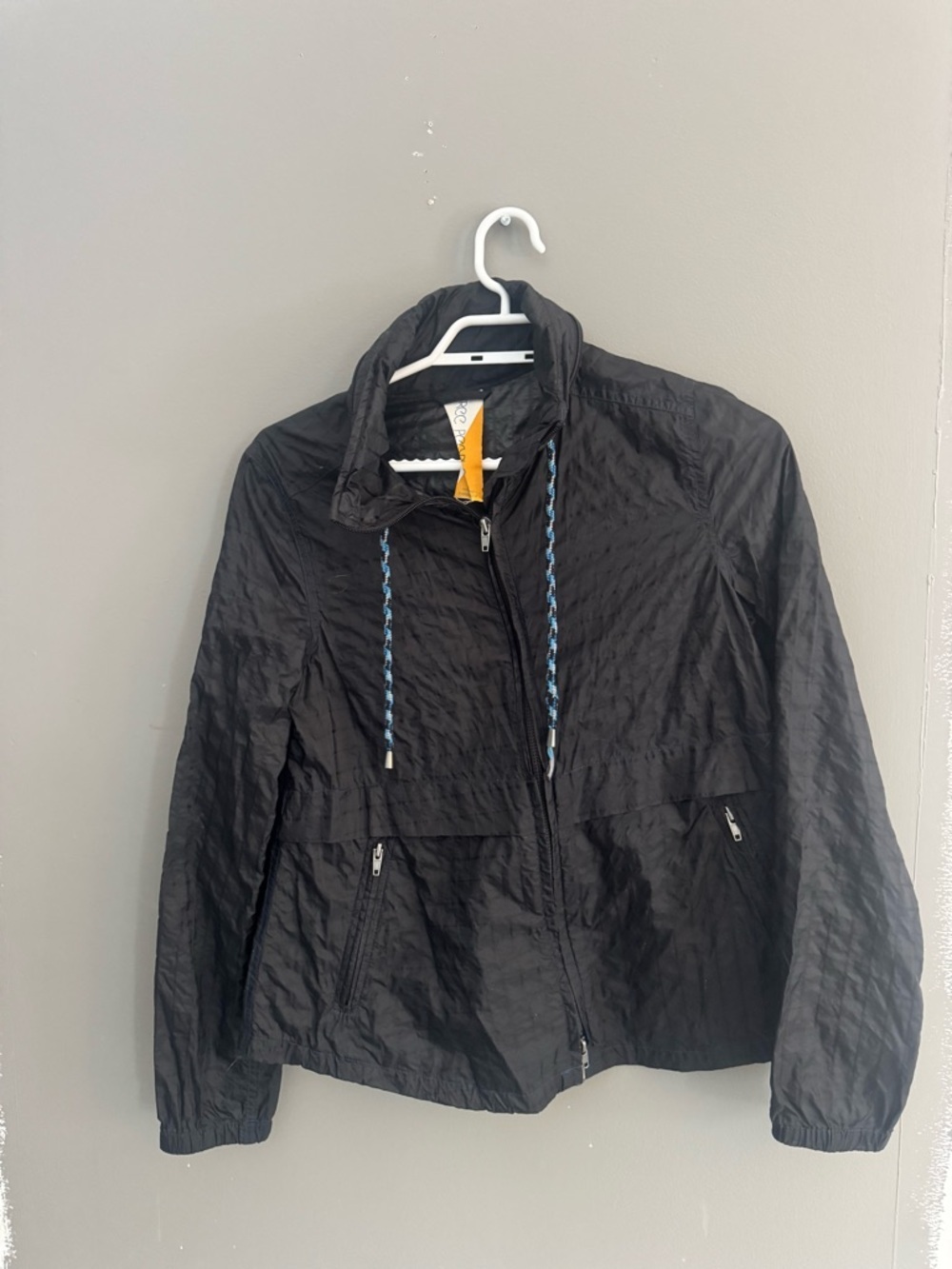 Free People Black Lightweight Zip Jacket with Blue Accent Drawstrings